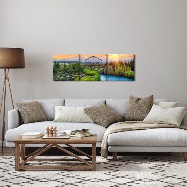 Obraz - Lesná horská krajina (s hodinami) (90x30 cm)