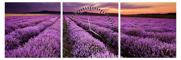 Obraz - Levanduľové pole pri západe slnka (s hodinami) (90x30 cm)