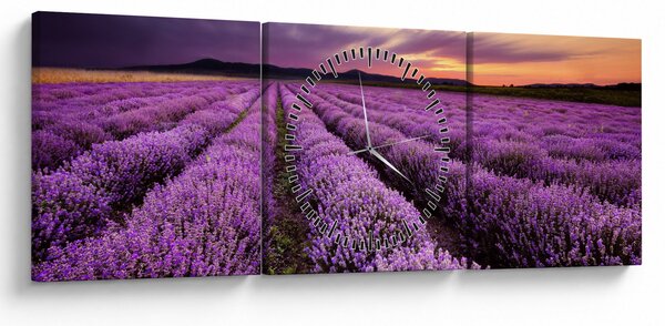 Obraz - Levanduľové pole pri západe slnka (s hodinami) (90x30 cm)