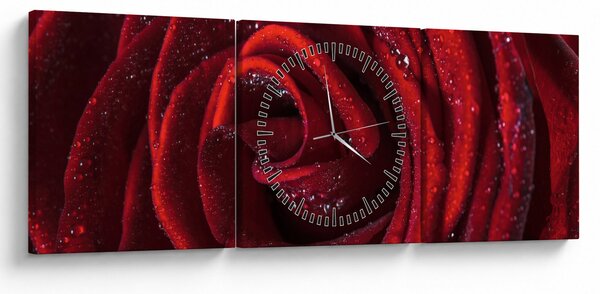Obraz - Červená ruža s kvapkami rosy (s hodinami) (90x30 cm)