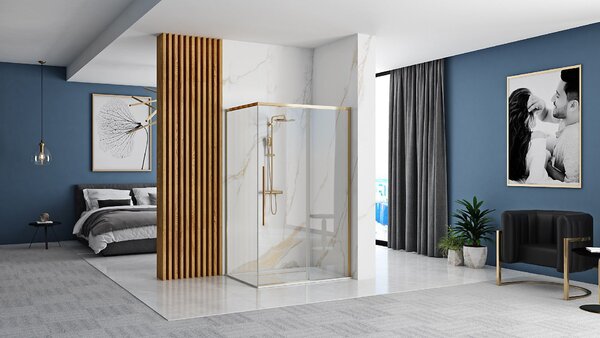Rea Solar, sprchovací kút s posuvnými dverami 90x90x195cm + biela sprchová vanička Savoy, zlatá lesklá, KPL-K4900