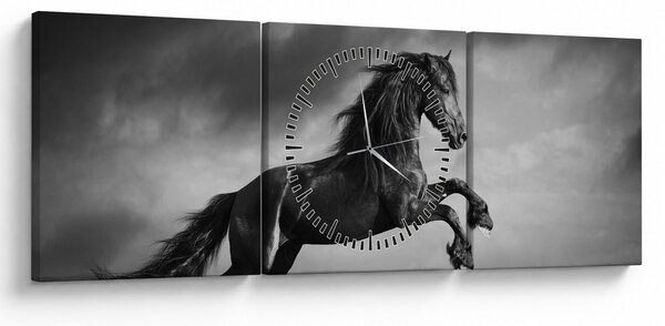 Obraz - Kôň čiernobiely (s hodinami) (90x30 cm)