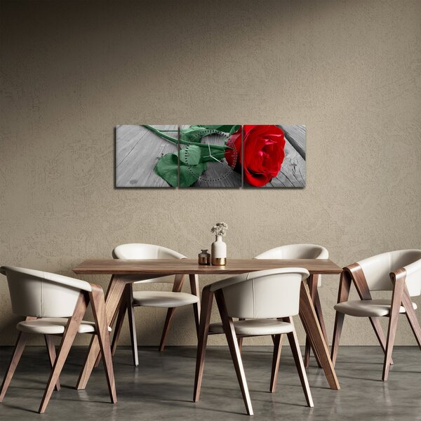 Obraz - Červená ruža so zelenou stonkou (s hodinami) (90x30 cm)
