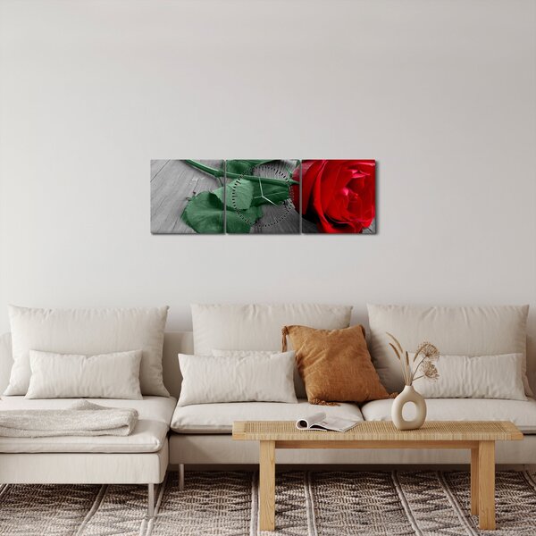 Obraz - Červená ruža so zelenou stonkou (s hodinami) (90x30 cm)