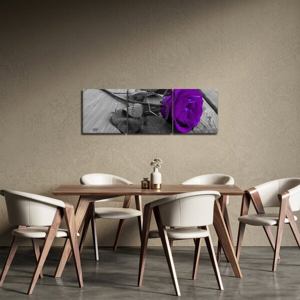 Obraz - Fialová ruža so zelenou stonkou (s hodinami) (90x30 cm)