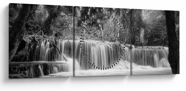 Obraz - Čiernobiely vodopád (s hodinami) (90x30 cm)