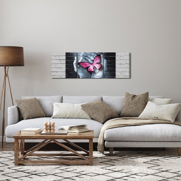 Obraz - Ružový motýľ v stene (s hodinami) (90x30 cm)