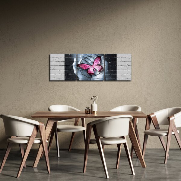 Obraz - Ružový motýľ v stene (s hodinami) (90x30 cm)