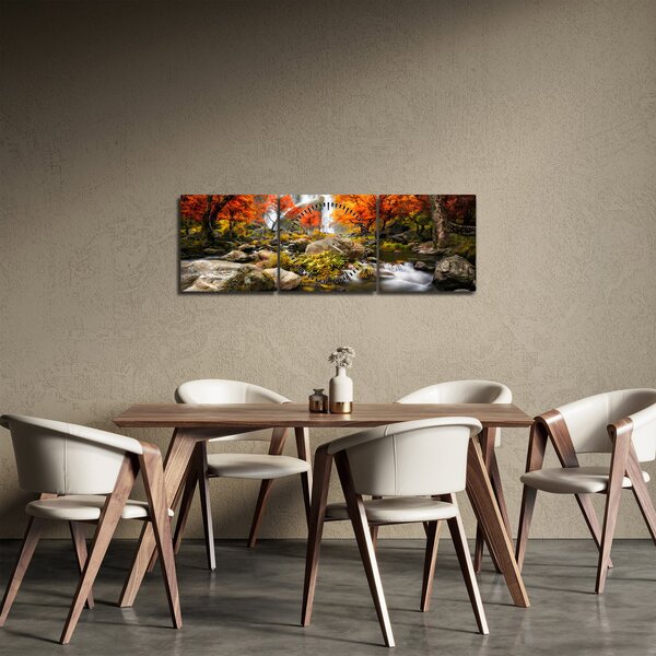 Obraz - Vodopády v jesennej krajine, oranžový (s hodinami) (90x30 cm)