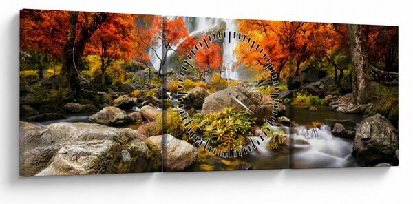 Obraz - Vodopády v jesennej krajine, oranžový (s hodinami) (90x30 cm)