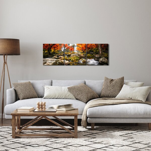 Obraz - Vodopády v jesennej krajine, oranžový (s hodinami) (90x30 cm)