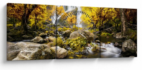Obraz - Vodopády v jesennej krajine, žlté (s hodinami) (90x30 cm)