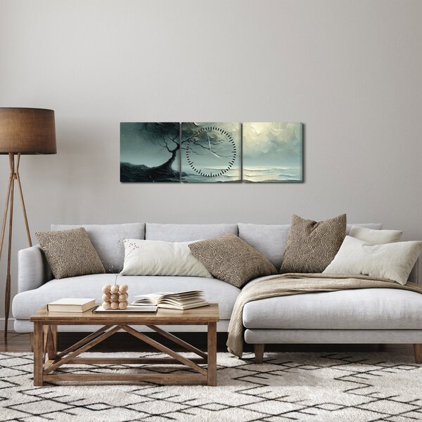 Obraz - Olejomaľba stromu s oceánom (s hodinami) (90x30 cm)