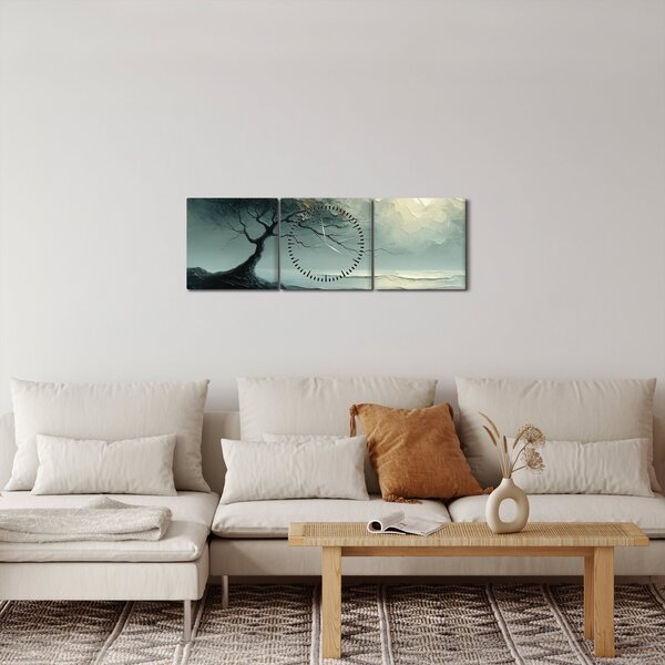 Obraz - Olejomaľba stromu s oceánom (s hodinami) (90x30 cm)