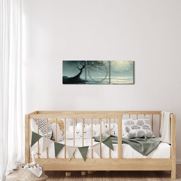 Obraz - Olejomaľba stromu s oceánom (s hodinami) (90x30 cm)