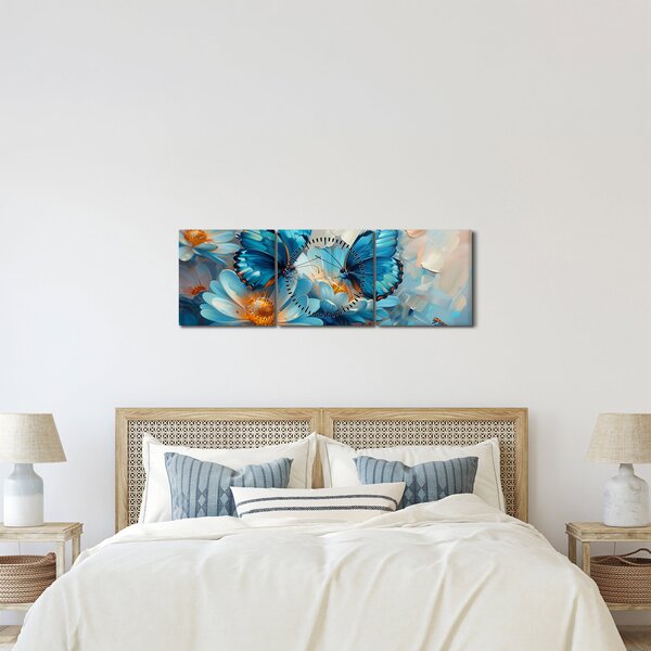 Obraz - Modrí motýle (s hodinami) (90x30 cm)