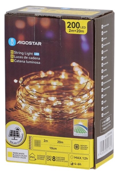 Aigostar - LED solárny reťaz 200xLED/8 funkcií 22m IP65 teplá biela 800 mAh
