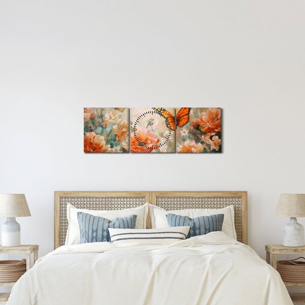 Obraz - Motýľ a kvety, olejomaľba (s hodinami) (90x30 cm)