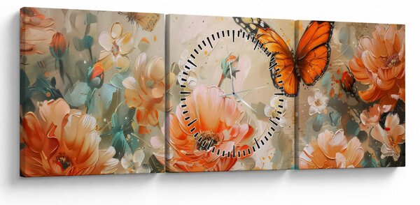 Obraz - Motýľ a kvety, olejomaľba (s hodinami) (90x30 cm)