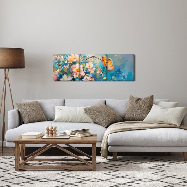 Obraz - Motýľ a kvety, olejomaľba II. (s hodinami) (90x30 cm)
