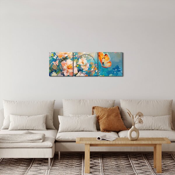 Obraz - Motýľ a kvety, olejomaľba II. (s hodinami) (90x30 cm)