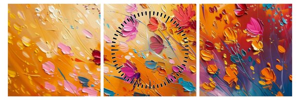 Obraz - Maľba farebných kvetov (s hodinami) (90x30 cm)