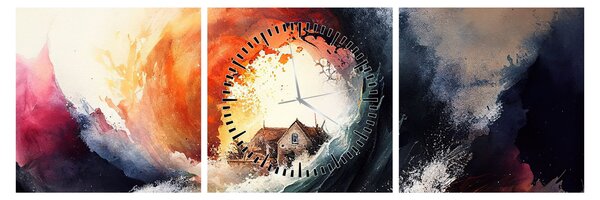 Obraz - Vo víre povodne, akvarel (s hodinami) (90x30 cm)