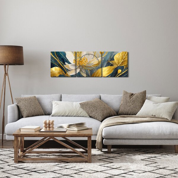 Obraz - Maľba zlatých kvetov (s hodinami) (90x30 cm)