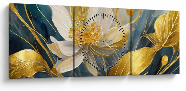Obraz - Maľba zlatých kvetov (s hodinami) (90x30 cm)