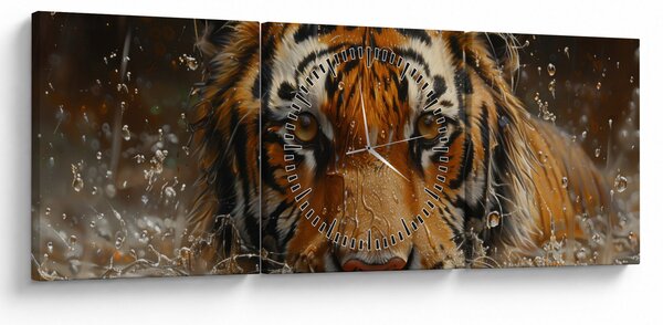 Obraz - Portrét tigra vo vode (s hodinami) (90x30 cm)
