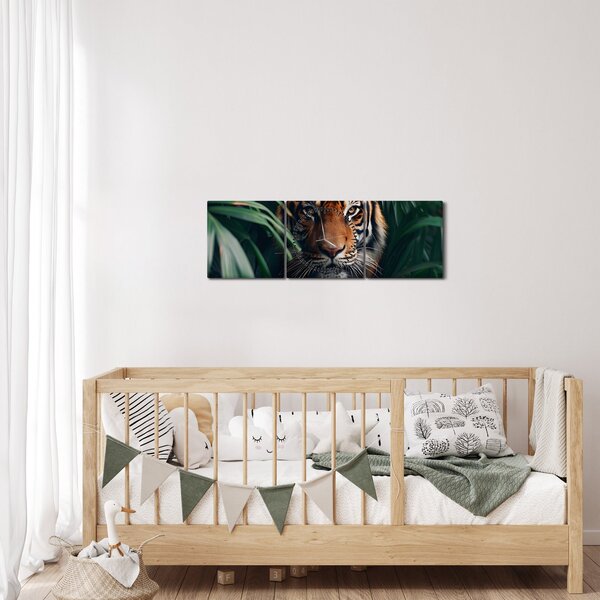 Obraz - Portrét tigra v džungli (s hodinami) (90x30 cm)