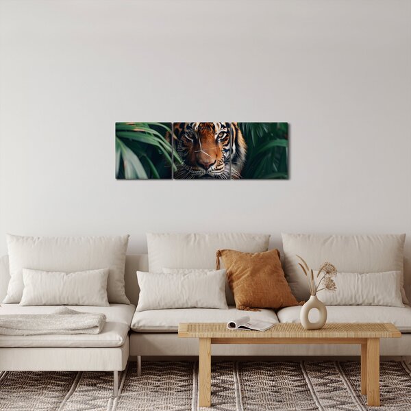 Obraz - Portrét tigra v džungli (s hodinami) (90x30 cm)