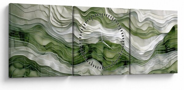 Obraz - Zelenobiele vlnky (s hodinami) (90x30 cm)