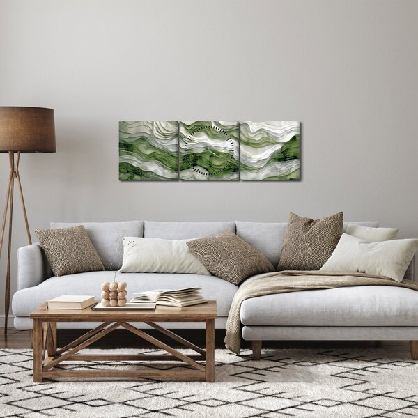Obraz - Zelenobiele vlnky (s hodinami) (90x30 cm)