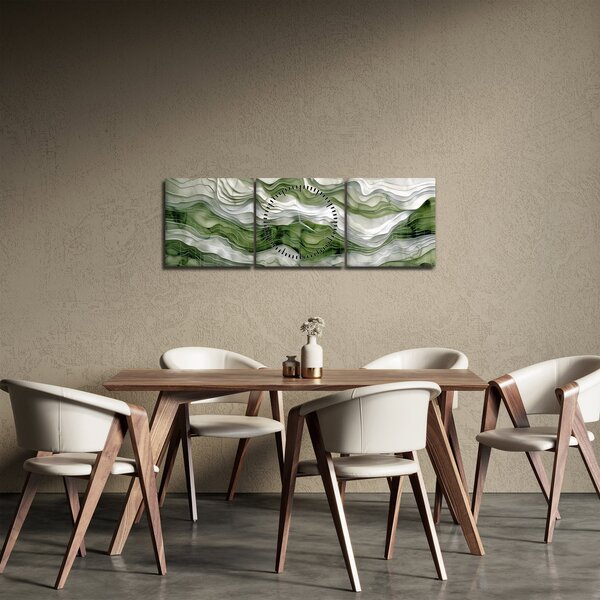 Obraz - Zelenobiele vlnky (s hodinami) (90x30 cm)