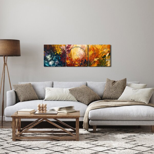 Obraz - Abstraktná maľba kvetov (s hodinami) (90x30 cm)