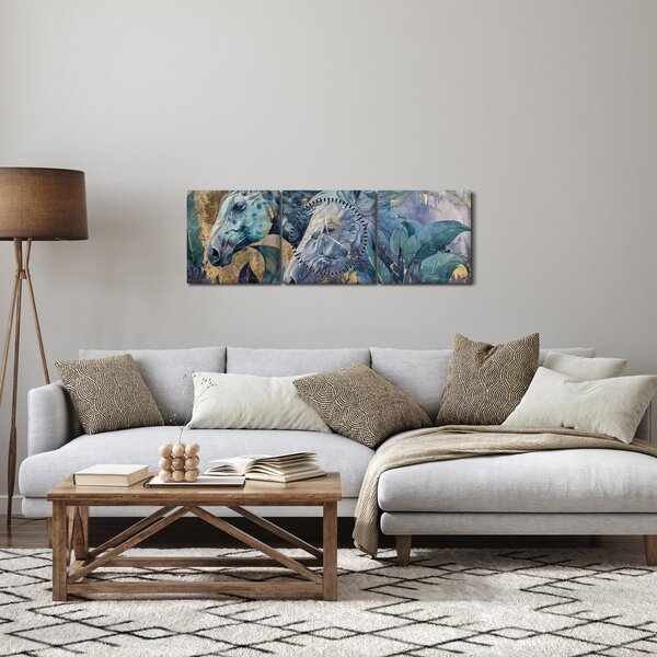 Obraz - Kone so zlatým pozadím (s hodinami) (90x30 cm)