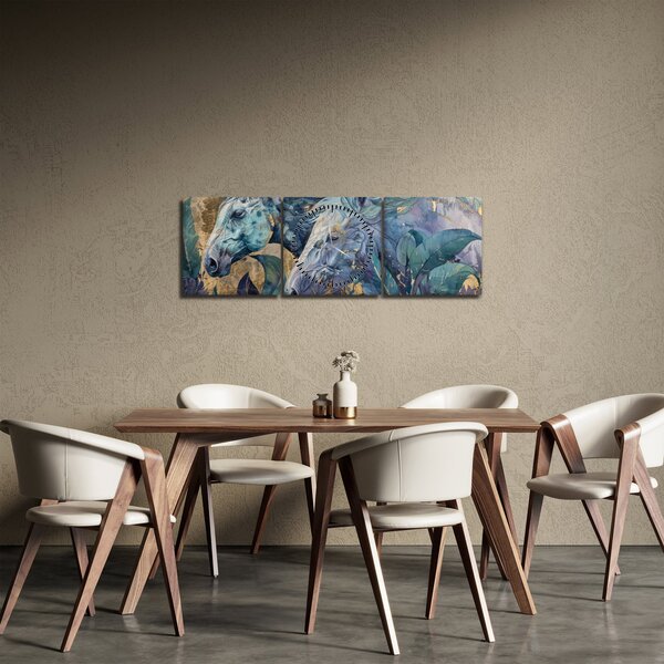 Obraz - Kone so zlatým pozadím (s hodinami) (90x30 cm)