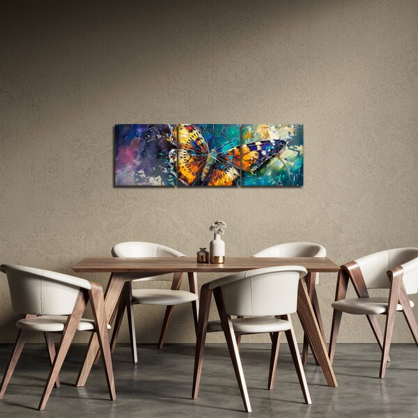 Obraz - Motýľ, olejomaľba (s hodinami) (90x30 cm)