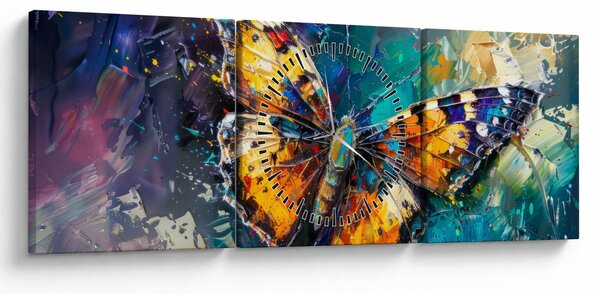Obraz - Motýľ, olejomaľba (s hodinami) (90x30 cm)