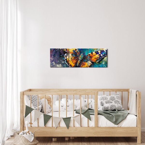 Obraz - Motýľ, olejomaľba (s hodinami) (90x30 cm)