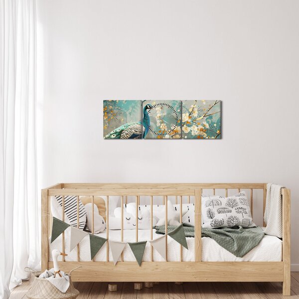 Obraz - Páv so zlatým dekorom (s hodinami) (90x30 cm)
