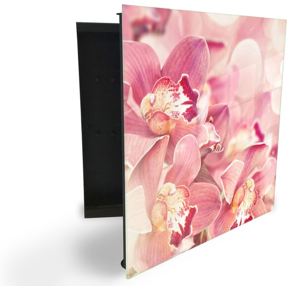 Glasdekor skrinka na kľúče - detaily kvety ružové orchidey - Ľavé / Čierna