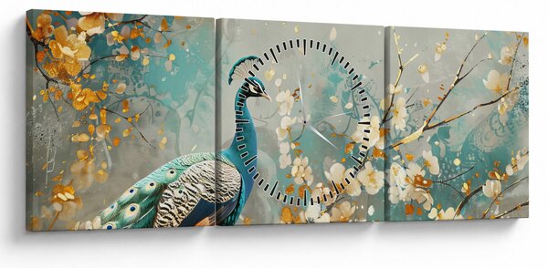 Obraz - Páv so zlatým dekorom (s hodinami) (90x30 cm)