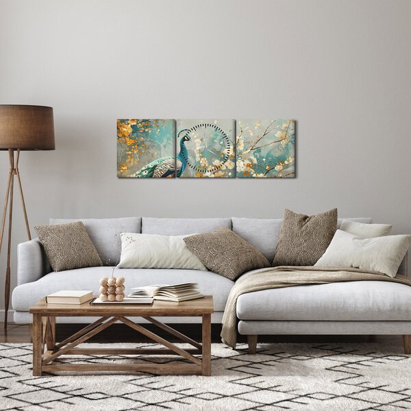 Obraz - Páv so zlatým dekorom (s hodinami) (90x30 cm)