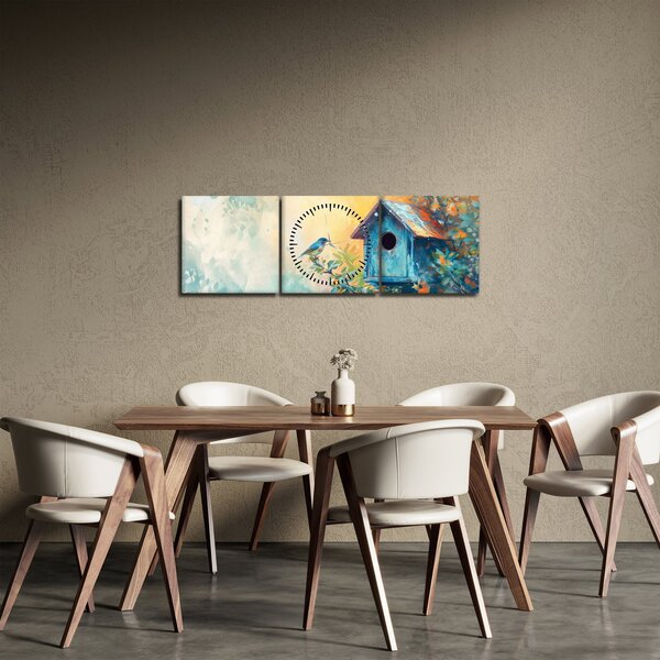 Obraz - Vtáčia búdka, akvarel (s hodinami) (90x30 cm)