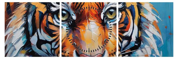Obraz - Pohľad tigra, maľba (s hodinami) (90x30 cm)