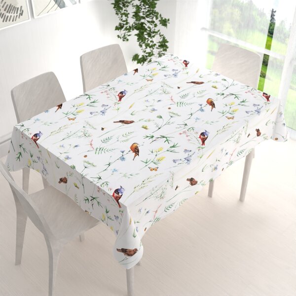 Biante Bavlnený obdĺžnikový obrus Sandra SA-392 Lúčne kvietky s vtáčikmi 50x100 cm