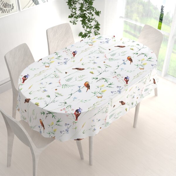 Biante Bavlnený oválny obrus Sandra SA-392 Lúčne kvietky s vtáčikmi 50x100 cm