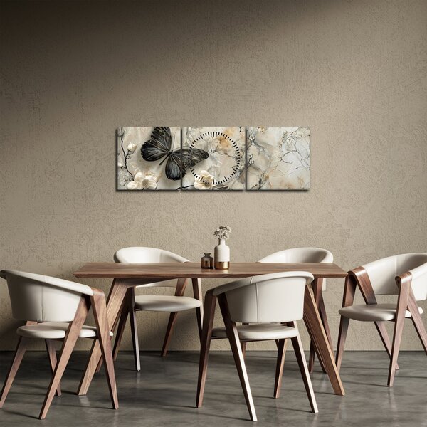 Obraz - Mramorové pozadie s motýľmi (s hodinami) (90x30 cm)